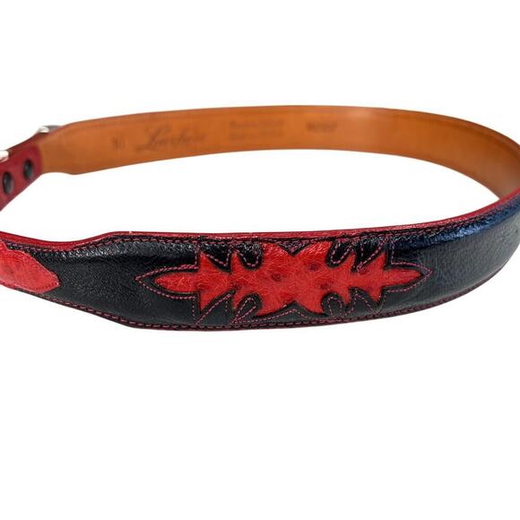 Lucchese Ostrich Leather Belt Black Red Inlay Tapered Silver 
